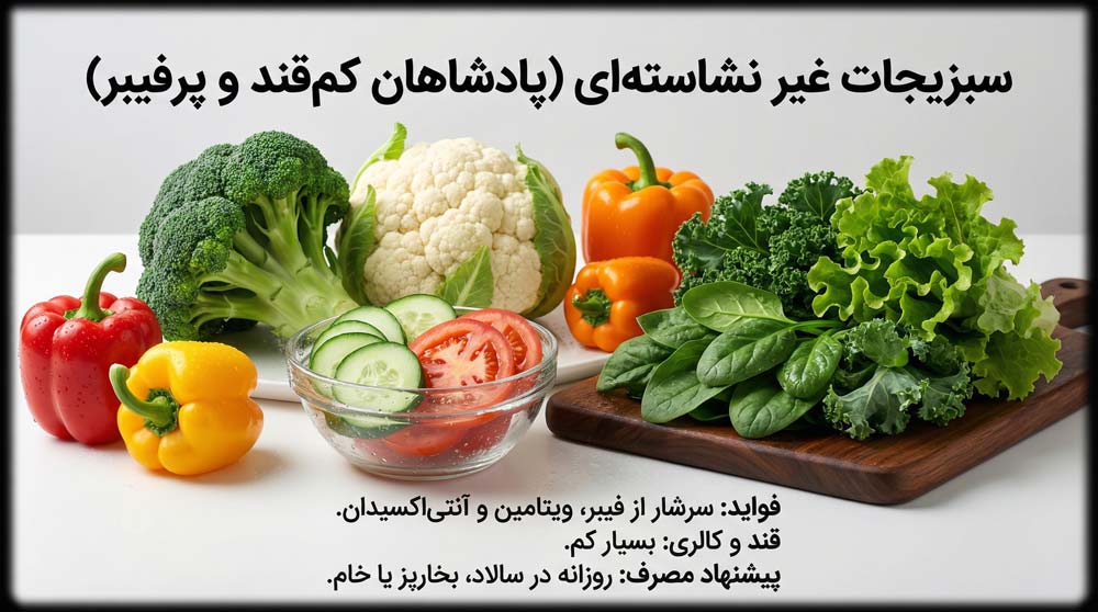 فلفل دلمه‌ای (قرمز، زرد، سبز) روی بشقاب، سبزیجاتی کم‌قند و سرشار از ویتامین C