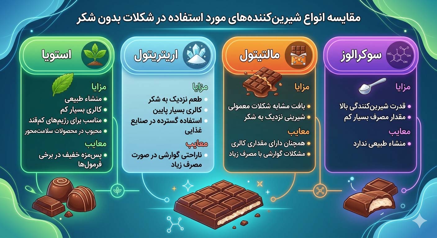 چه شیرین‌کننده‌هایی در شکلات بدون شکر استفاده می‌شوند؟